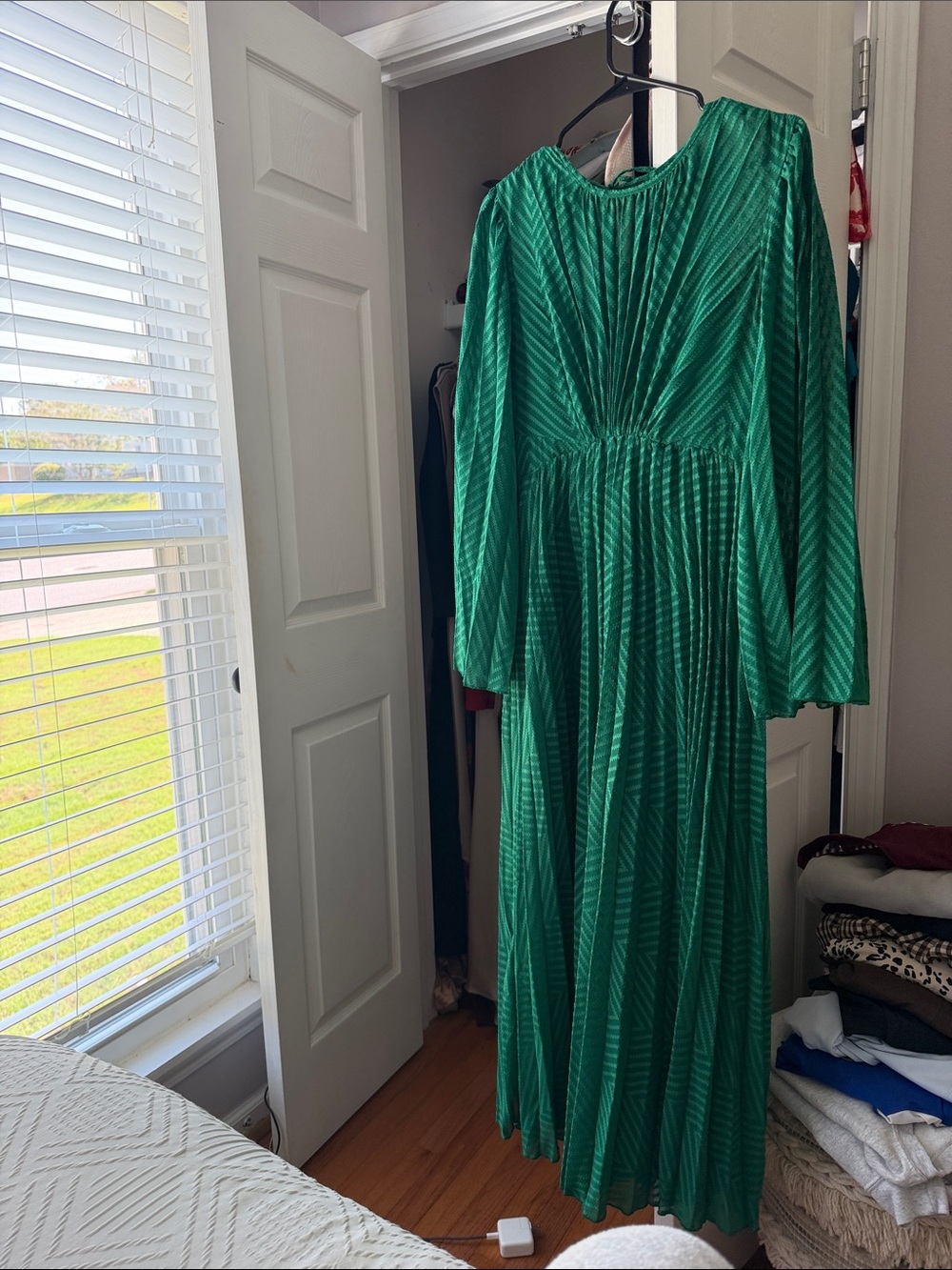 ASOS Emerald Green Pleated Long Sleeve Maxi Dress